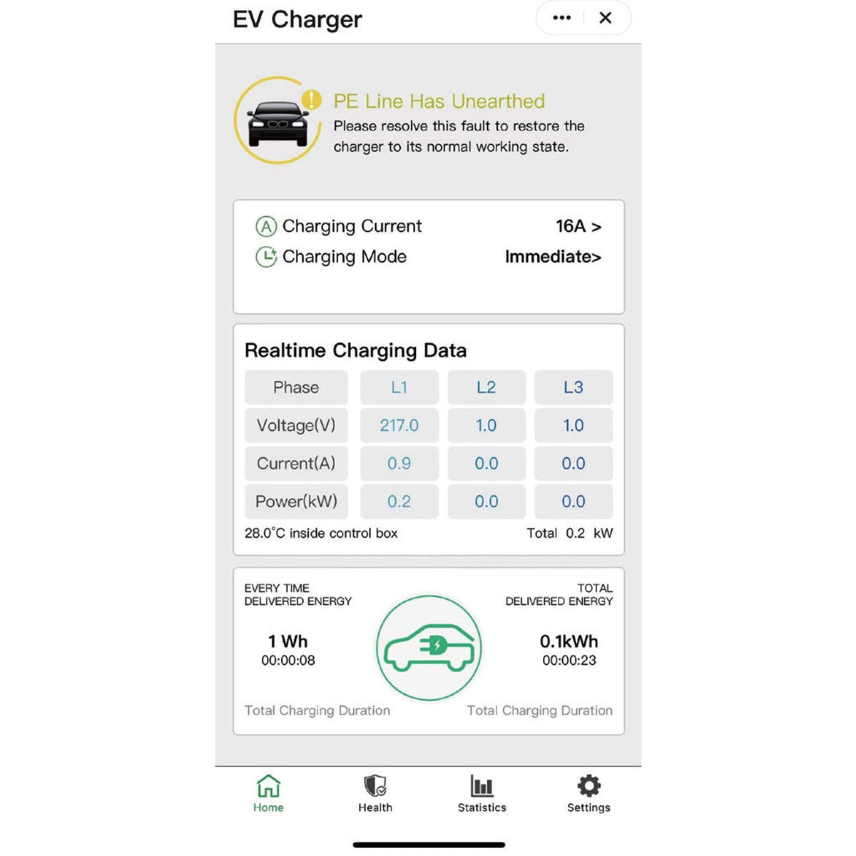 Smart Life app for the Chargr EV charger with charging current, charging data and fault status
