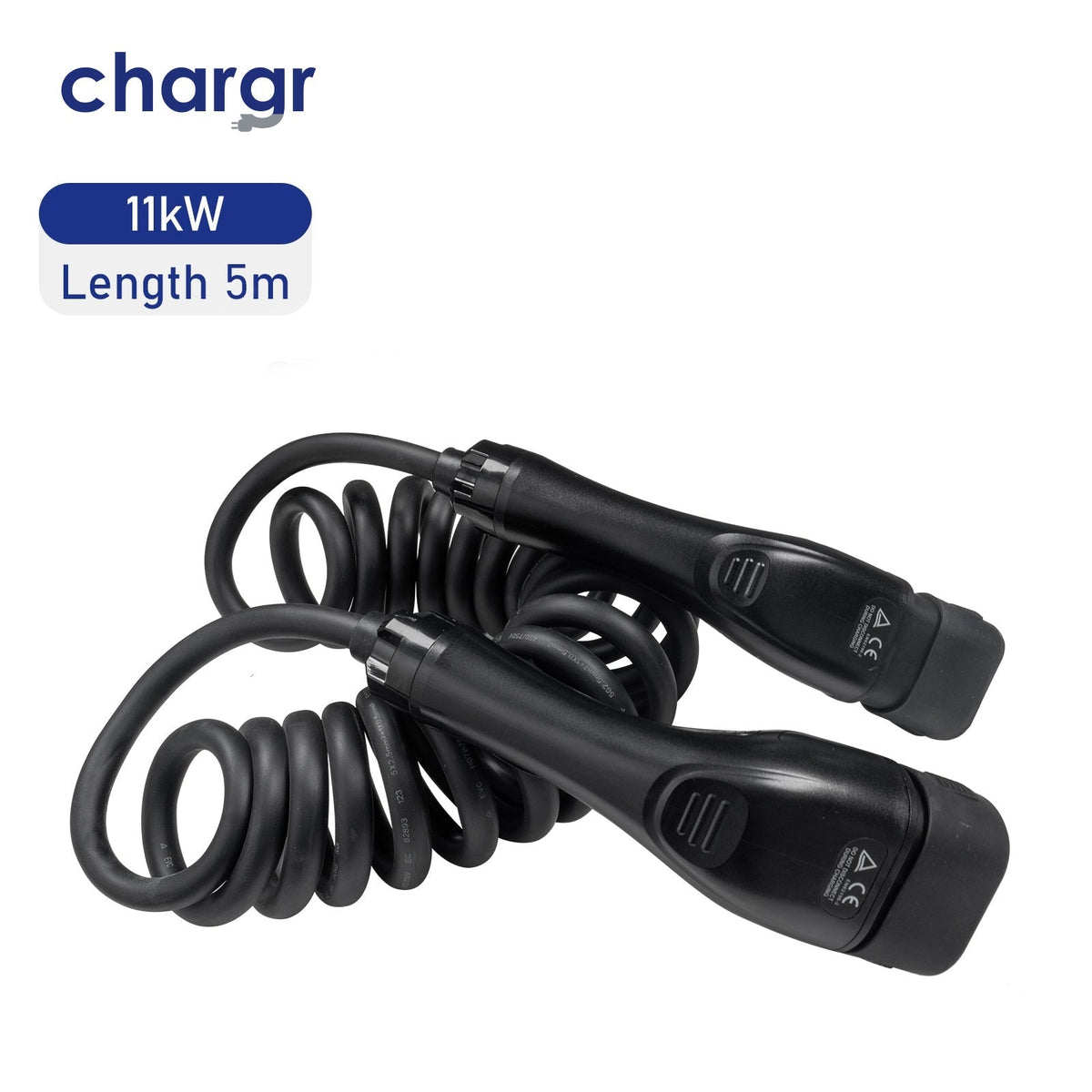 Chargr coiled charging cable Type 2 from the side with both plugs