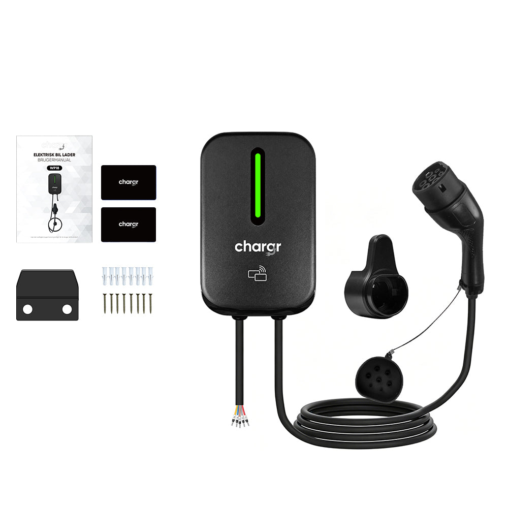 Chargr WP18 box contents: wallbox, Type 2 cable, holder, RFID cards and manual