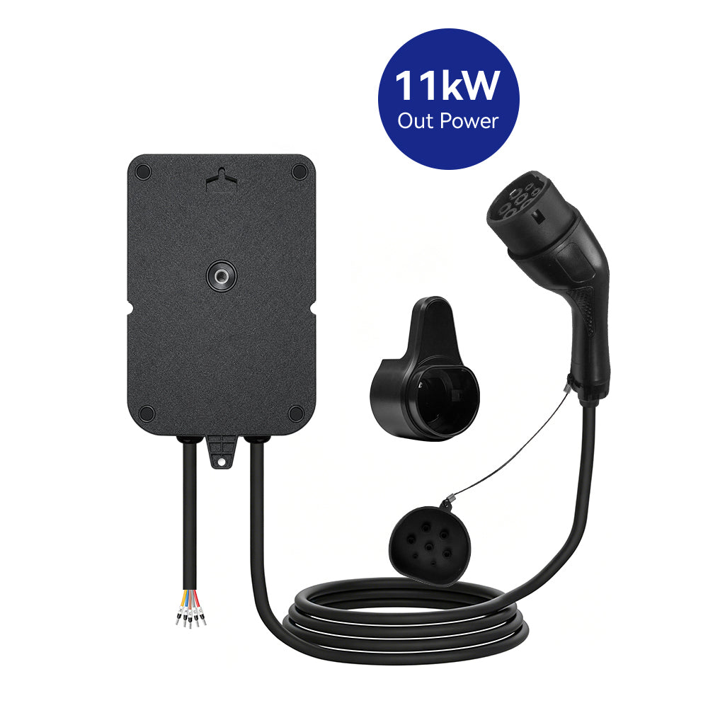 Chargr WP18 seen from behind with wall bracket and Type 2 charging cable