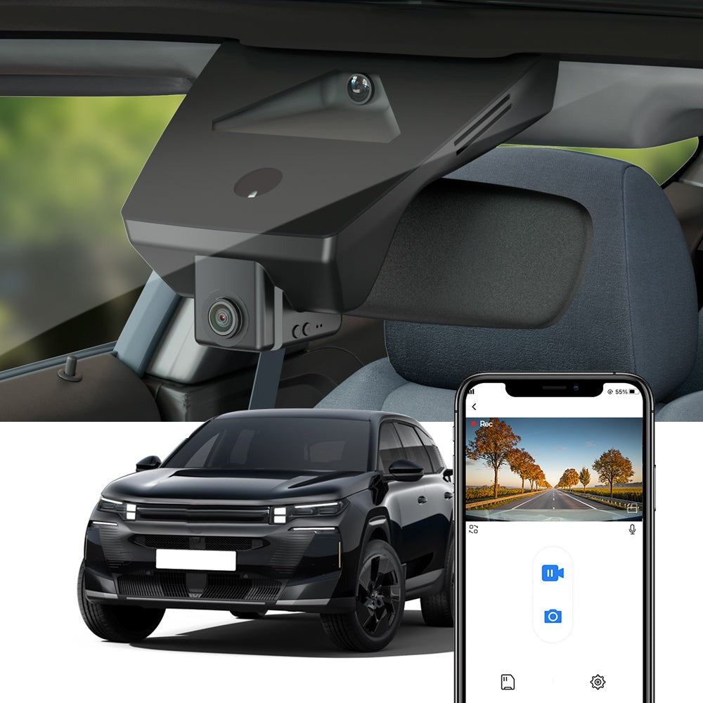Fitcamx Dash Cam for Citroën ë-C5 Aircross mounted behind the rear-view mirror with the app on a phone