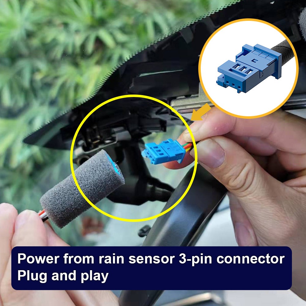Fitcamx dash cam powered from the rain sensor's 3-pin connector - plug and play