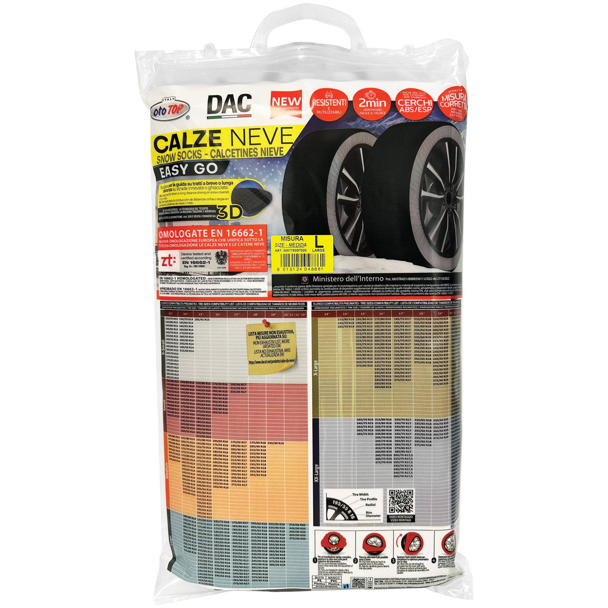 Maranello Easy Go snow socks in the packaging with size guide and EN 16662-1 approval