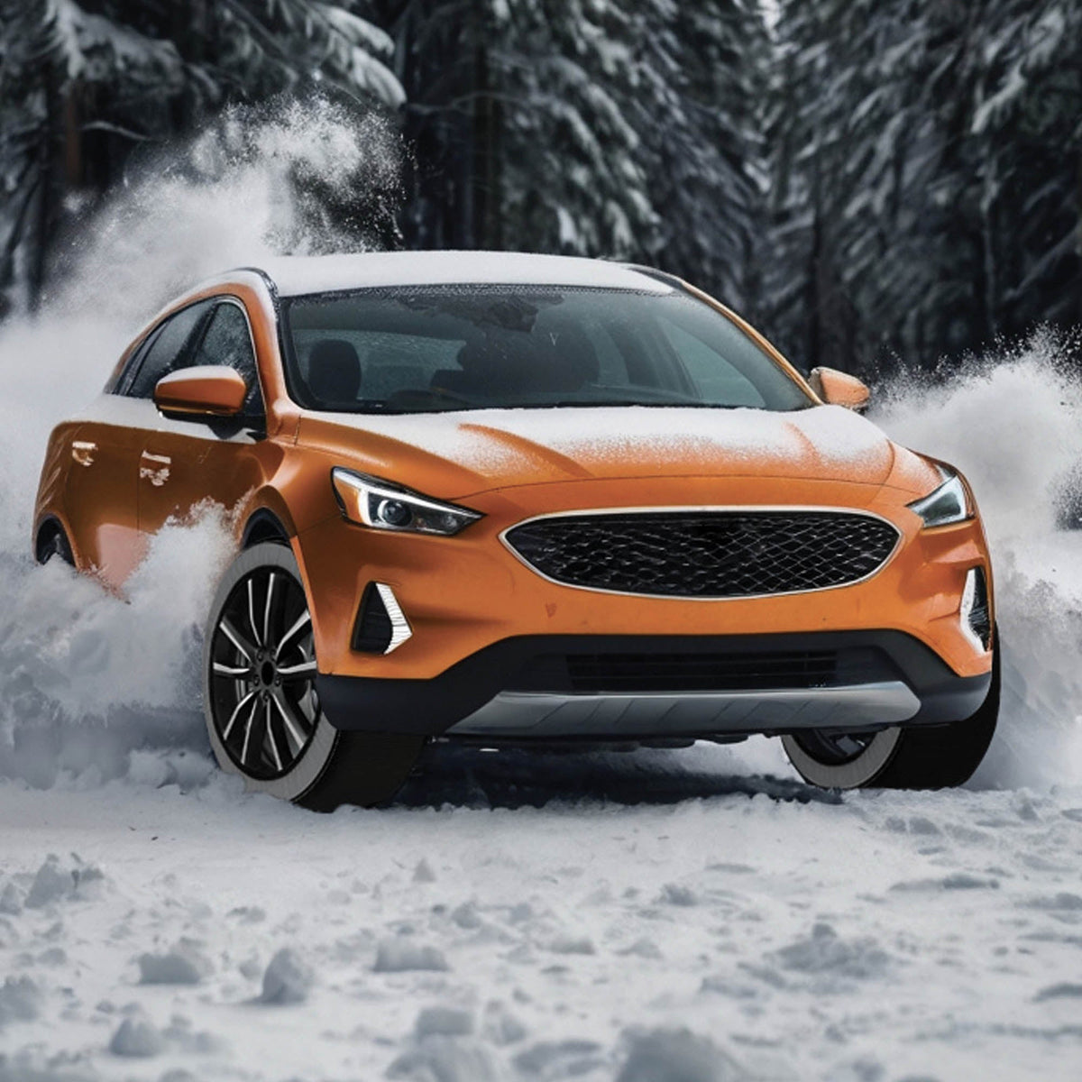 Electric car driving in snow with Maranello Easy Go snow socks on the wheels